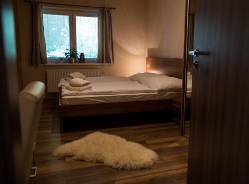 a bedroom with two beds and a window and a rug at Rekreačný dom Tále in Horná Lehota
