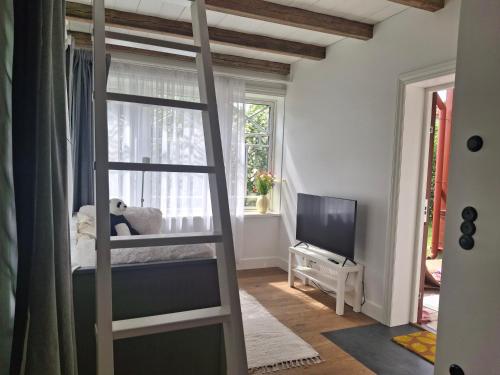 a room with a bunk bed and a television at Villa Manna - Charming Flat in a Historic House in Tallinn