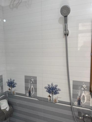 a shower in a bathroom with blue flowers on a shelf at Ba Be Lake - Nhà Nghỉ Thư Nhạc in Bak Kan