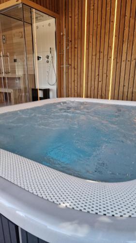 a large tub filled with blue water in a bathroom at Le Domaine de la Répandise in Laveline-du-Houx