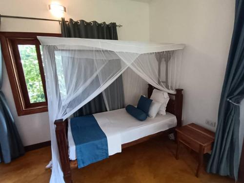 a bedroom with a canopy bed with blue pillows at mafiakivulinilodge in Utende