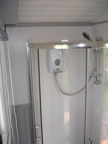 a shower in a bathroom with a mirror at Apple Tree Shepherd's Huts - Blackberry Hut in Saint Endellion