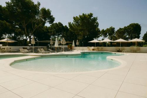 a swimming pool with chairs and umbrellas at Ses Eufabietes Apartments & Restaurant in Sant Francesc Xavier