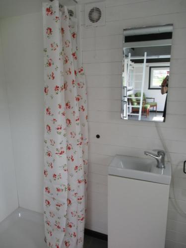 a bathroom with a sink and a mirror at Stuga med bastu i naturen nära Stockholm in Järna