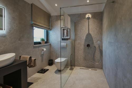 a bathroom with a toilet and a glass shower at Villa KIM in Momjan