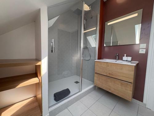 a bathroom with a shower and a sink at Potentille - Village center apartment in Saint-Martin-de-Bréthencourt