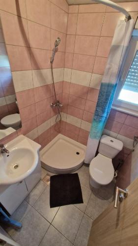 a bathroom with a sink and a toilet and a shower at Apartman Magdalena in Kastel Stafilic