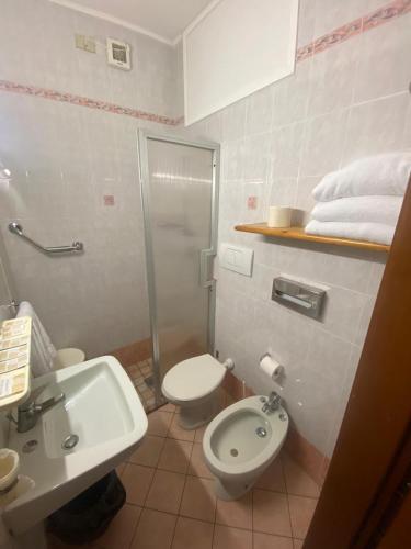 a bathroom with a toilet and a sink and a shower at Hotel Miramare Chioggia Sottomarina in Sottomarina