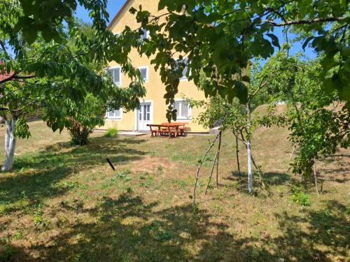 a yellow house with a picnic table in the yard at Oaza Apartment Goransko Plužine in Pluzine