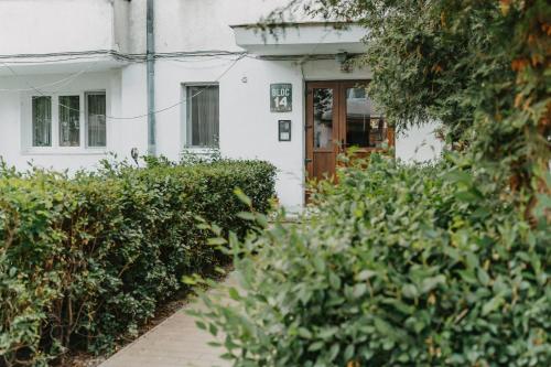 a white house with a door and bushes at A&Zs Residence in Gheorgheni