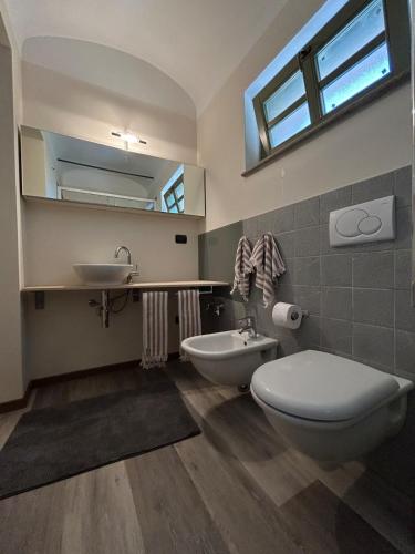 a bathroom with a toilet and a sink and a mirror at Lagotto House-Apartment in the Langhe in Novello
