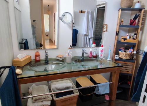 a bathroom with two sinks and a mirror at Maison avec patio in Arles