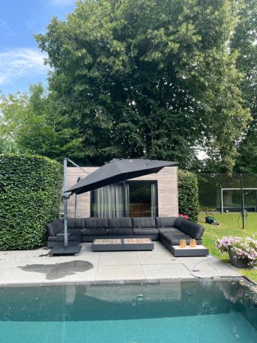 a black couch with an umbrella next to a pool at Basement Tomorrowland 2025 in Mellet