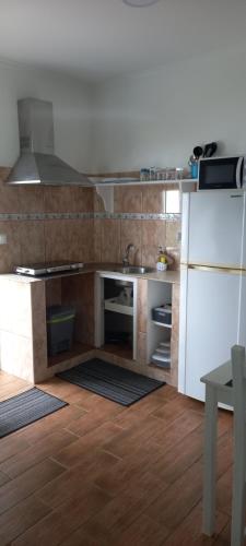 a kitchen with a sink and a white refrigerator at Quinta do Vale da Queimada in Queimada