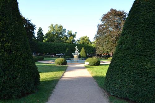 a path between two hedges with a fountain in the distance at Apartmán u Fontány 2-free parking in Poděbrady