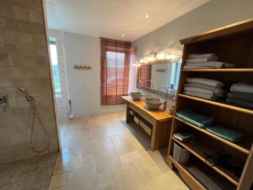 une salle de bain avec une douche, un lavabo et un miroir dans l'établissement Maison à chambois, à Gouffern en Auge