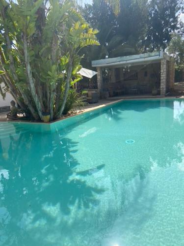 a large blue swimming pool in front of a house at Dar Harmattan in Essaouira