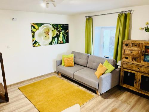 a living room with a couch and a window at Bálics Vendégház in Pécs