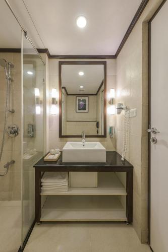 a bathroom with a sink and a shower at Club Mahindra Lake View Munnar in Chinnakanal