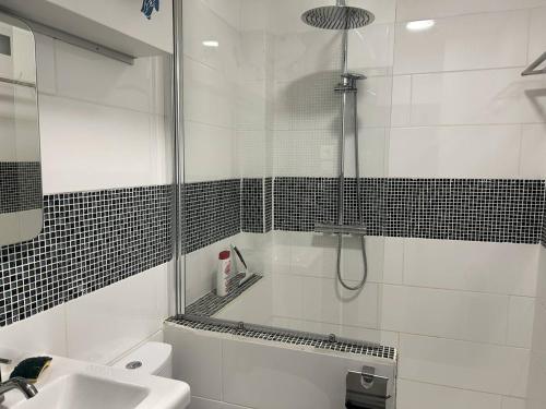 une salle de bain avec une douche, des toilettes et un lavabo dans l'établissement Studio climatisé à 2 pas de la plage, loggia, parking privé - Bormes-les-Mimosas - FR-1-251-828, à Bormes-les-Mimosas