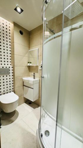 a bathroom with a shower and a toilet and a sink at Taksim REXXEE Istanbul Istiklal Hotel in Istanbul
