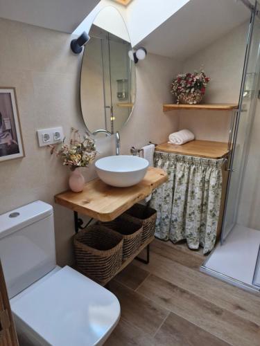 a bathroom with a sink and a mirror and a toilet at "La casuca de Finu" #2# Santillana del Mar in Santillana del Mar