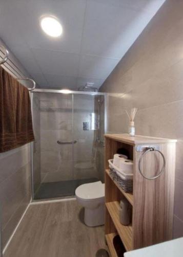 a bathroom with a shower and a toilet in it at Beach House in Puerto de Mazarrón