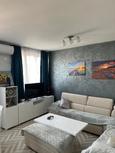a living room with a couch and a tv at Urban Nest Podgorica - Cozy and Central Hideaway in Podgorica