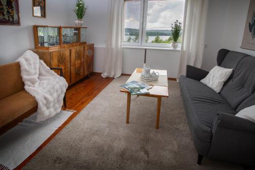 a living room with a couch and a coffee table at U Ludwiki in Chmielno