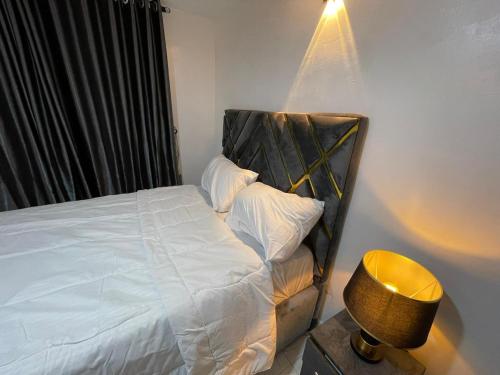 a bedroom with a bed with a lamp and a light at Exquisite 3Bedroom in Ibadan in Ibadan
