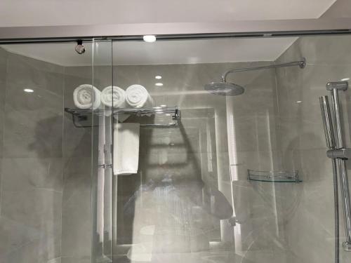 a shower with a glass door with towels at Hotel the Plaza in Hyderabad