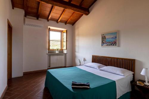 a bedroom with a large bed with a blue blanket at Podere Caprarecce Trilocale 6 in Talamone