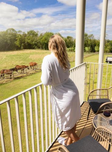 a woman standing on a porch looking at horses in a field at voco The Club - Dublin Gateway by IHG in Naas