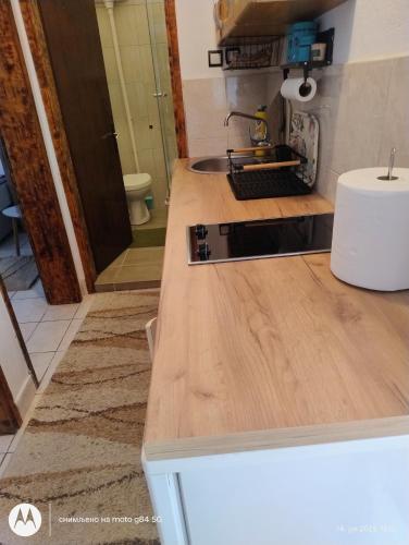 a kitchen with a counter top and a sink at Apartman V,P in Sutomore
