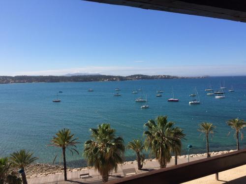 Elle offre une vue sur une plage bordée de palmiers et de bateaux. dans l'établissement Villa La Lézardière, à Bandol