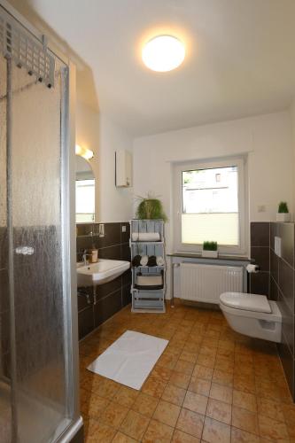 a bathroom with a shower and a toilet and a sink at Ferienwohnungen Rees in Briedel