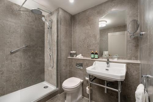 a bathroom with a sink and a toilet and a shower at Brooks Hotel in Dublin