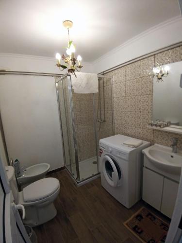 a bathroom with a toilet a sink and a washing machine at casinha do moleiro in Aveiras de Cima