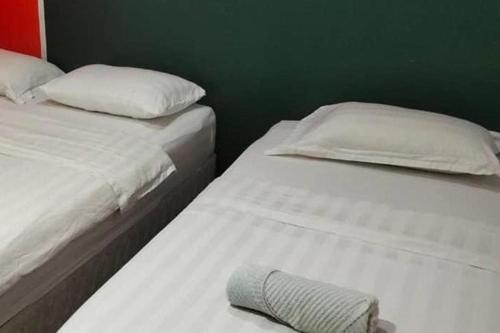 two beds with white sheets and a green wall at BR Parklands Hotel in Klang