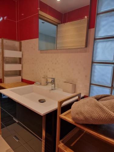 La salle de bains est pourvue d'un lavabo blanc et de murs rouges. dans l'établissement Appartement au coeur de la ville, à Aix-les-Bains