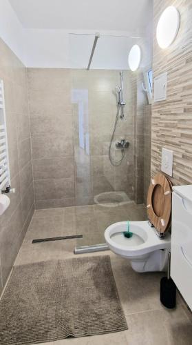 a bathroom with a shower and a toilet and a sink at Apartament Niki in Mangalia