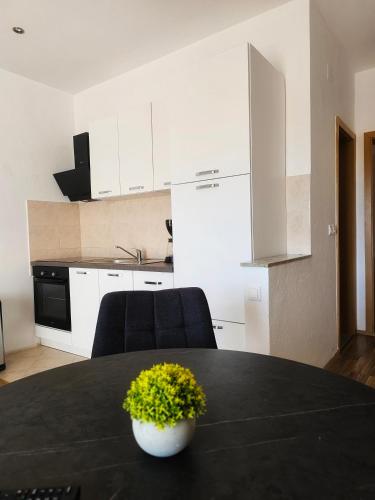 a kitchen with a table with a bowl of flowers on it at Apartment Olive in Maslenica