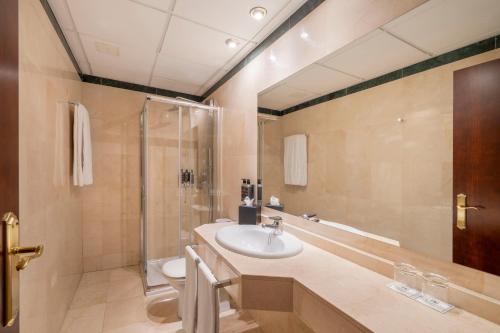 a bathroom with a sink and a shower at Eurostars Plaza Acueducto in Segovia
