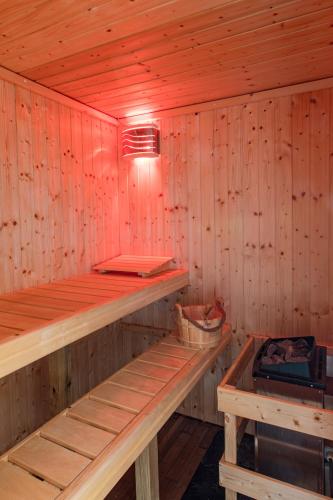a wooden sauna with two wooden shelves and a light at Gîte Chabrignac, jacuzzi et sauna privatif, piscine chauffée partagée, Wifi, salle de jeux in Beynat