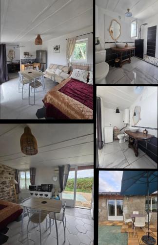 a collage of four pictures of a room at Le rêve chrysalide in Masseret