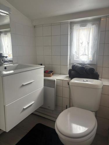 a white bathroom with a toilet and a sink at appartement, en plein coeur de Saint Pierre sur Dives in Saint-Pierre-sur-Dives