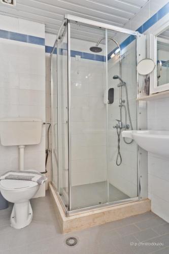 a bathroom with a shower with a toilet and a sink at Sarris Hotel 