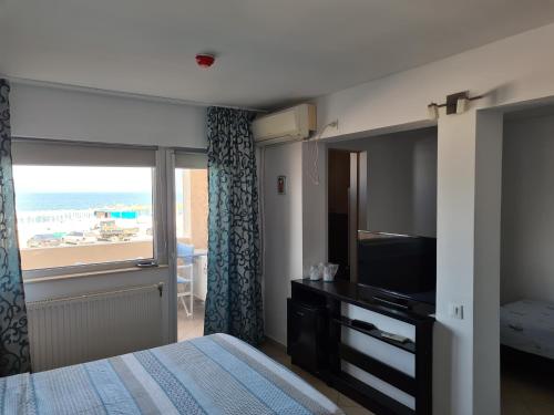 a bedroom with a bed and a television and a window at Vila Dini(La Rogojini) in Vama Veche
