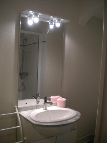 une salle de bain avec un lavabo et un miroir dans l'établissement Studio MARMOTTES au RDC a HYPER centre du Mont DORE, à Mont-Dore