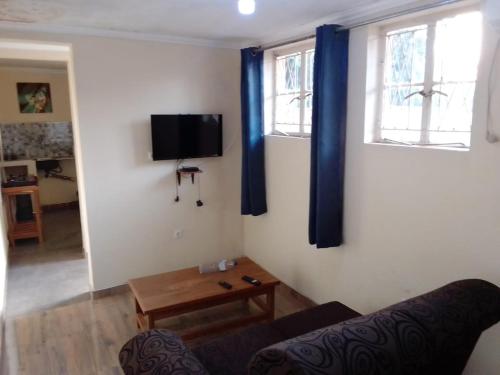 a living room with a couch and a tv on a wall at Recanto do Meu Tio in Chimoio